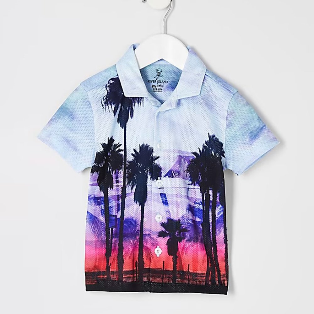 River Island Toddler Boys Blue Palm Print Short Sleeve Shirt